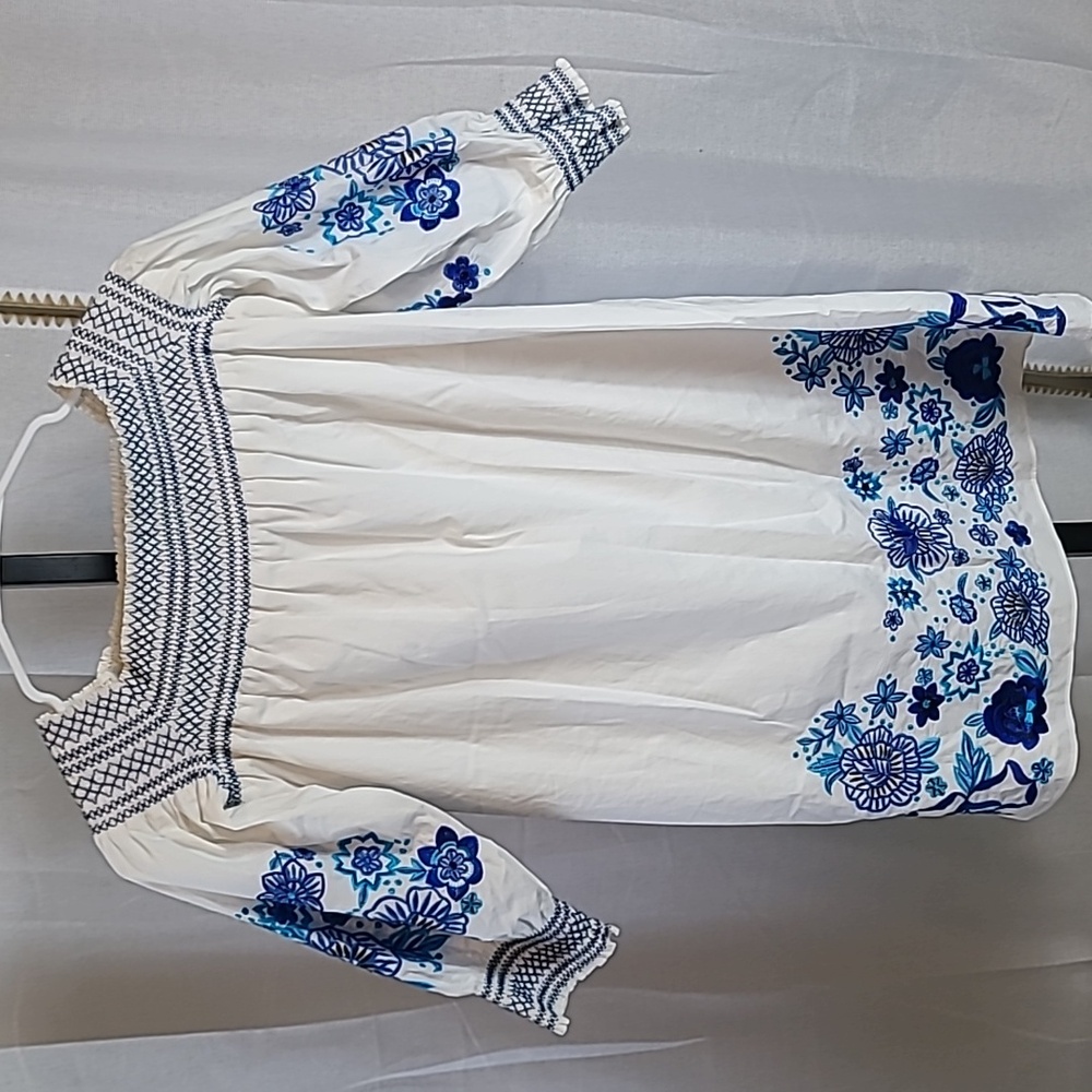 Parker Jace Cotton Poplin Blue Floral Embroidered Smocked Off Shoulder Dress XS